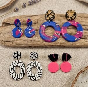 Artisan Handmade Polymer Clay Goldleaf Statement Earring Lot - 4 Pairs FIMO